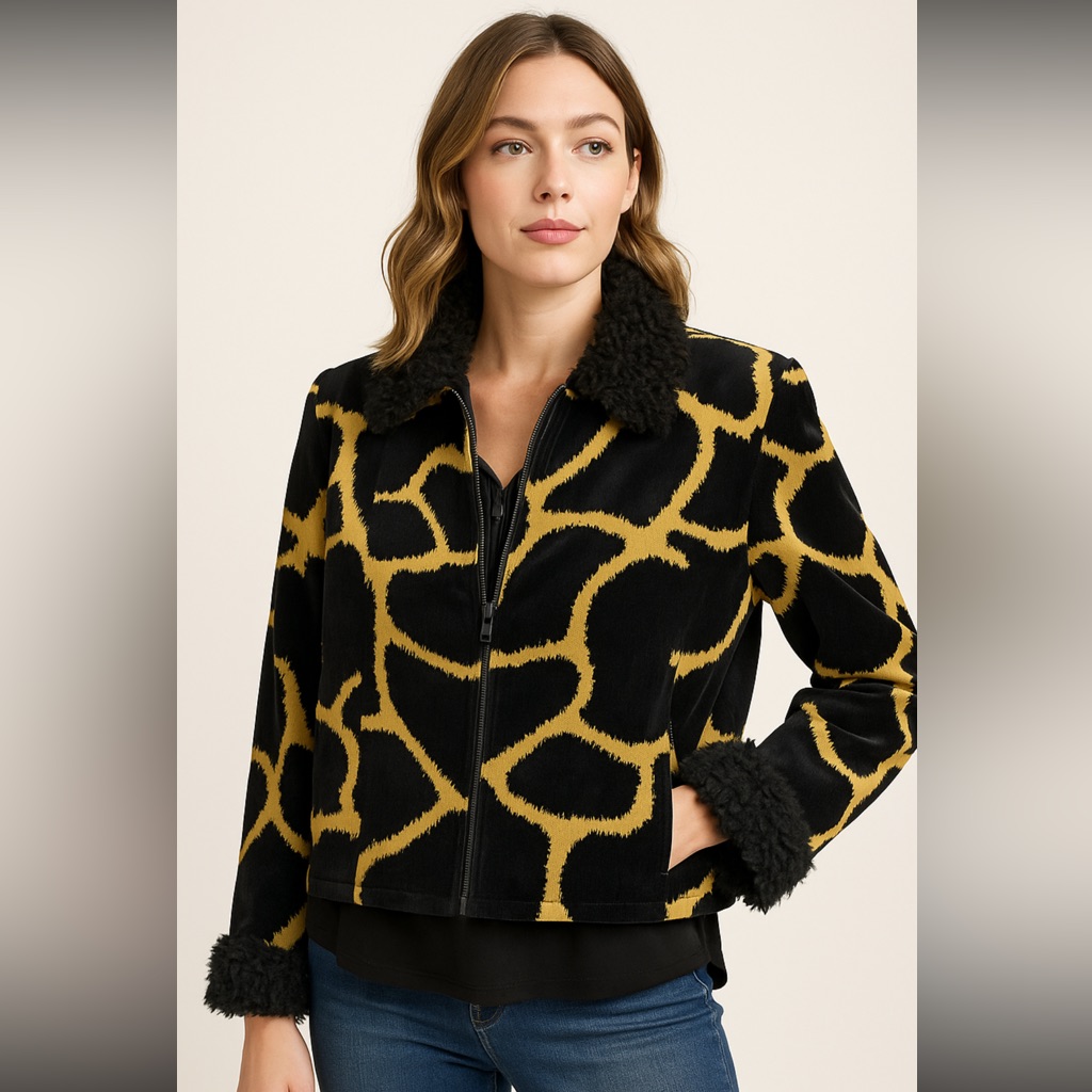 Painted Pony Faux Fur Trim Jacket Black Tan Giraffe Print Size Small